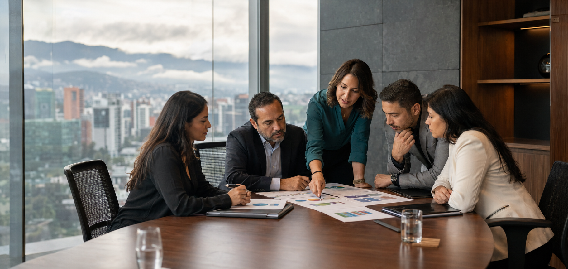 Profesionales analizando una estrategia empresarial en una mesa de trabajo